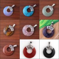 Gemstone Brass Pendants, with Gemstone, Donut, silver color plated, Unisex 