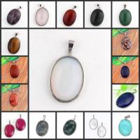 Gemstone Brass Pendants, with Gemstone, Oval, silver color plated, Unisex 