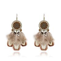 Fashion Feather Earring , Zinc Alloy, with Feather, Dream Catcher, antique brass color plated, enamel & with rhinestone, mixed colors 