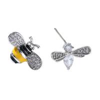 Cubic Zirconia Micro Pave Brass Earring, Bee, silver color plated, 3D effect & micro pave cubic zirconia & enamel 