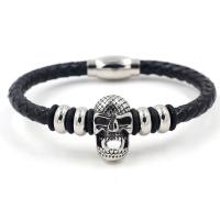 Cowhide Bracelets, Faux Leather, with Titanium Steel, Skull, fashion jewelry & punk style, black, 21cm 