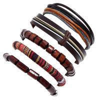 Cowhide Bracelets, Faux Leather, bracelet, with Wood & Zinc Alloy, plated, 5 pieces & fashion jewelry & Unisex, nickel, lead & cadmium free, 60mm 