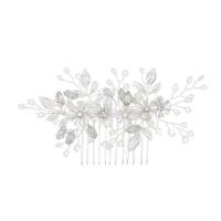 Peignes décoratifs, alliage de zinc, fleur, Placage de couleur argentée, pour mariée & avec strass, blanc, 120*65mm, Vendu par PC