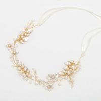 Headband, Zinc Alloy, with Plastic Pearl, Flower, gold color plated, for bridal & with rhinestone, golden, 300mmuff0c160mm 