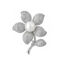 Cubic Zirconia Brooch, Brass, with Plastic Pearl, Flower, platinum plated, micro pave cubic zirconia & for woman 