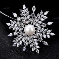 Cubic Zirconia Brooch, Brass, with Glass Pearl, Snowflake, plated, micro pave cubic zirconia & for woman 