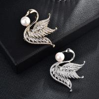 Cubic Zirconia Brooch, Brass, with Glass Pearl, Swan, plated, micro pave cubic zirconia & for woman 