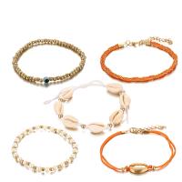 Zinc Alloy Anklet, with Cotton Thread & Shell & Plastic Pearl, gold color plated, 5 pieces & for woman, 20mm Approx 7.9 Inch 