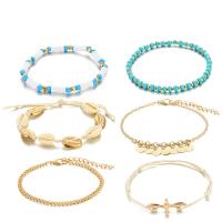 Zinc Alloy Anklet, with Seedbead & Shell, gold color plated, 6 pieces & Bohemian style & for woman, 20mm,30mm 