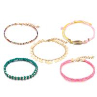 Zinc Alloy Anklet, with Cotton Thread & Seedbead, gold color plated, 5 pieces & for woman & with rhinestone Approx 7.9 Inch 