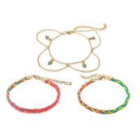 Zinc Alloy Anklet, with Cotton Thread, gold color plated, three pieces & for woman & with rhinestone Approx 7.9 Inch 