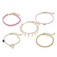 Zinc Alloy Anklet, with Cotton Thread, gold color plated, 5 pieces & for woman & with rhinestone, pink 