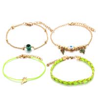 Zinc Alloy Anklet, with Cotton Thread, gold color plated, 4 pieces & for woman & enamel, fluorescent green, 8mm,10mm 