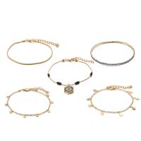 Zinc Alloy Anklet, with Cotton Thread & Seedbead, gold color plated, 5 pieces & Bohemian style & for woman & with rhinestone, 15mm 