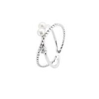 925 Sterling Silver Open Finger Ring, with Plastic Pearl, micro pave cubic zirconia & for woman & hollow, silver color, 16mm 