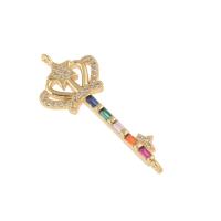 Rhinestone Brass Connector, Key, gold color plated, micro pave cubic zirconia & 1/2 loop, multi-colored Approx 1mm 