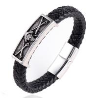 Unisex Bracelet, Stainless Steel, with PU Leather, black, 210mm 