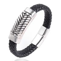 Unisex Bracelet, Stainless Steel, with PU Leather, black, 210mm 