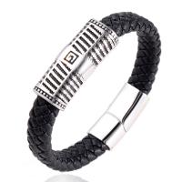 Unisex Bracelet, acier inoxydable, avec cuir PU, unisexe, noire, 210mm, Vendu par PC