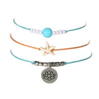 Zinc Alloy Anklet, Wax Cord, with Synthetic Turquoise & Shell & Zinc Alloy, antique silver color plated, three pieces & Bohemian style & for woman, mixed colors 