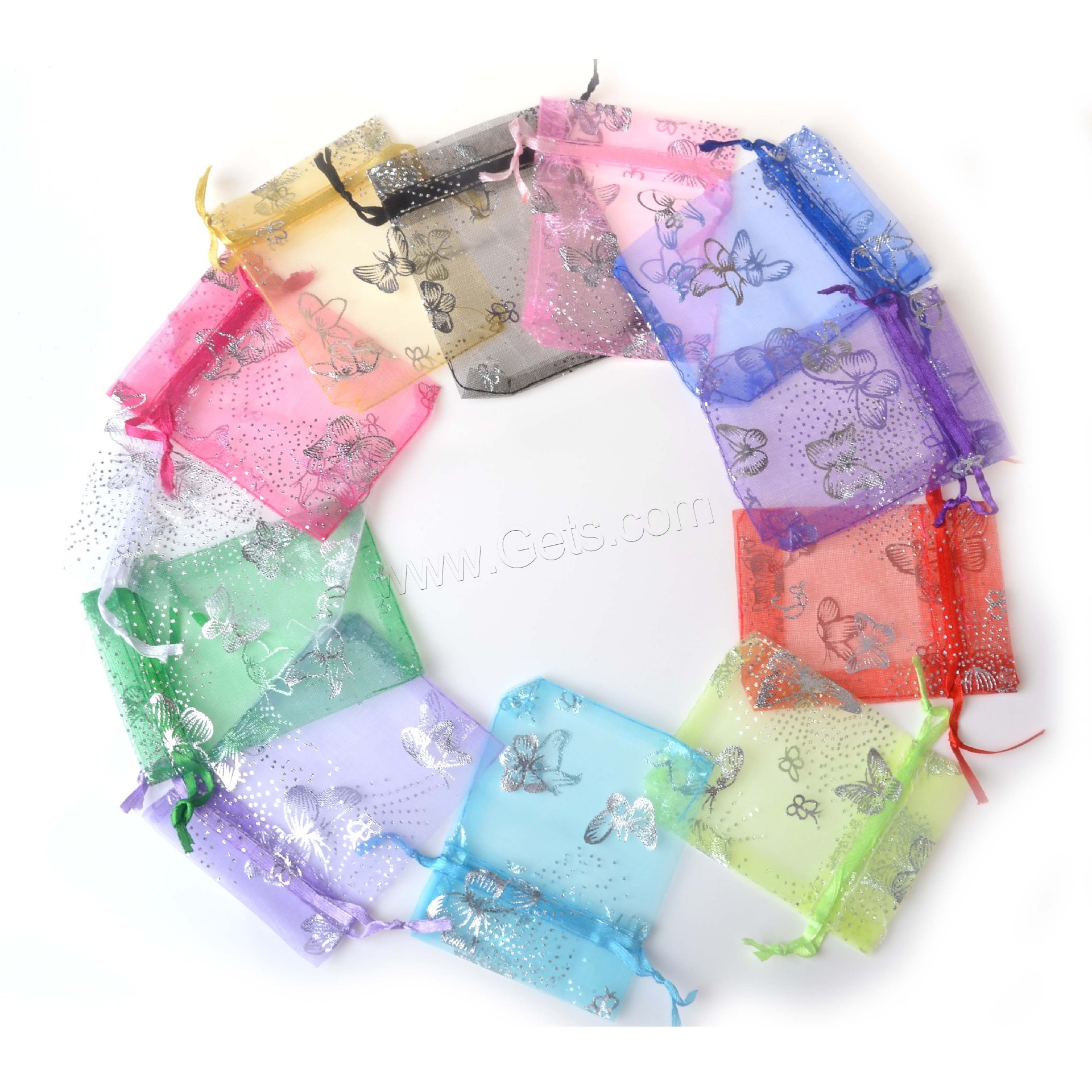Organza Jewelry Pouches Bags, butterfly design & different size for choice & gold accent, more colors for choice, 100PCs/Bag, Sold By Bag