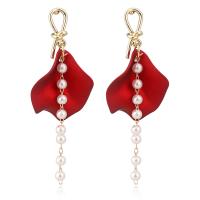 Glass Zinc Alloy Earring, with Glass Pearl, gold color plated, for woman, red 