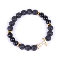 Lava Bead Bracelet, Anchor, gold color plated, elastic & Unisex & radiation protection 8mm Approx 7.3 Inch 