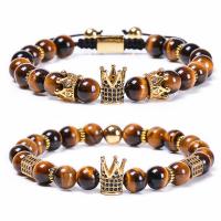 Tiger Eye Stone Bracelets, with Brass, gold color plated, Unisex & radiation protection & micro pave cubic zirconia 8mm Approx 7.1 Inch 