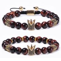 Tiger Eye Stone Bracelets, Red Tiger Eye Stone, with Brass, gold color plated, Unisex & radiation protection & micro pave cubic zirconia 8mm Approx 7.1 Inch 