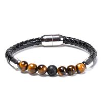 Tiger Eye Stone Bracelets, with PU Leather, Round, Unisex & anti-fatigue, 8mm Approx 7.3 Inch 