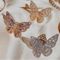 Rhinestone Zinc Alloy Finger Ring, Metal Alloy, with Rhinestone, Butterfly, plated, for woman 