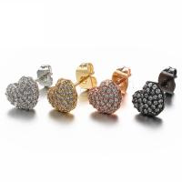 Brass Stud Earring, Heart, plated, micro pave cubic zirconia & for woman 