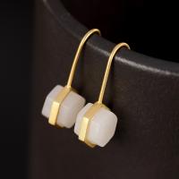 Gemstone Drop Earring, 925 Sterling Silver, with Hetian Jade, real gold plated, for woman 
