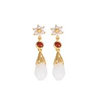 Sterling Silver Drop Earring, 925 Sterling Silver, with Hetian Jade & Yunnan Red Agate, real gold plated, for woman 