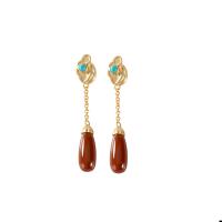 Gemstone Drop Earring, 925 Sterling Silver, with Yunnan Red Agate, real gold plated, for woman 
