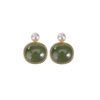 Gemstone Stud Earring, 925 Sterling Silver, with Green Jade & Glass Pearl, real gold plated, for woman 