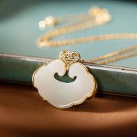 Collier de perles, Argent sterling 925, avec Hetian Jade, avec 2inch chaînes de rallonge, Plaqué d'or, chaîne ovale & pour femme Environ 16.5 pouce, Vendu par brin