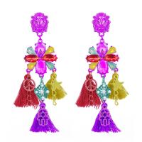 Fashion Tassel Earring, Crystal, with Cotton Thread & Zinc Alloy, gold color plated, for woman, multi-colored, 111mm 
