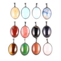 Mixed Gemstone Pendants, with zinc alloy bail, Oval, silver color plated 