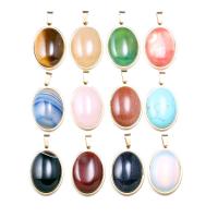 Mixed Gemstone Pendants, with zinc alloy bail, Oval, gold color plated 