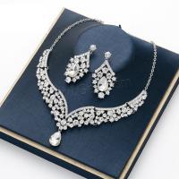 Fashion Zinc Alloy Jewelry Sets, earring & necklace, with 2.76 inch extender chain, plated, 2 pieces & polished & for woman & with rhinestone, platinum color, nickel, lead & cadmium free Approx 16.54 Inch 