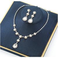 Brass Jewelry Set, earring & necklace, with Plastic Pearl, platinum color plated, 2 pieces & for woman & with rhinestone, metallic color plated Approx 16.54 Inch 
