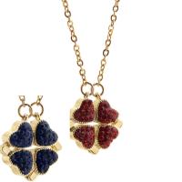 Rhinestone Brass Necklace, with Titanium Steel, Four Leaf Clover, gold color plated, Collapsible & with magnetic & with rhinestone, mixed colors Approx 31.88 Inch 