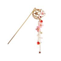 Hair Stick, Zinc Alloy, with Plastic, gold color plated, for woman & with rhinestone & hollow, pink, 142mm 