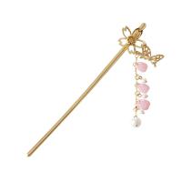 Hair Stick, Zinc Alloy, with Plastic & Plastic Pearl, gold color plated, for woman & hollow, pink, 143mm 