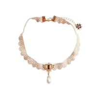 Fashion Choker Necklace, Cotton, with Plastic Pearl & Zinc Alloy, with 2.56 inch extender chain, gold color plated, for woman & with rhinestone, beige, 37mm,13mm Approx 11.8 Inch 