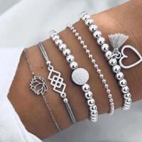 Zinc Alloy Bracelet Set, with PU Leather, silver color plated, 5 pieces & oval chain & ball chain & for woman 