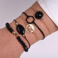 Fashion Zinc Alloy Bracelets, with Wax Cord & Resin, gold color plated, 5 pieces & anti-fatigue & oval chain & for woman, black 