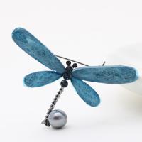 Glass Pearl Brooch, Brass, with Plank & Glass Pearl, Dragonfly, silver color plated, Unisex, blue 