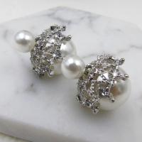 Rhinestone Brass Drop Earring, Zinc Alloy, with Glass Pearl, platinum plated, for woman & with rhinestone, white, 8mm,15mm 